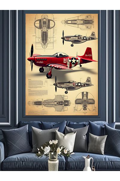 Tablomega Pânză decorativă cu ilustrație de avion de luptă vechi - pictură din lemn MDF