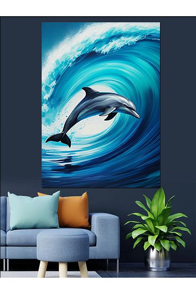 Tablomega Dolphin on Waves Decorative Canvas - Mdf Wooden Painting