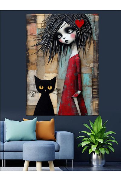Tablomega Gothic Girl and Cat Decorative Canvas - Mdf Wooden Painting