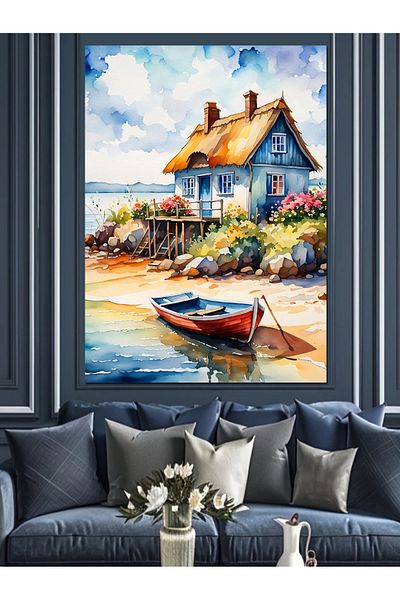 Tablomega House and Boat on the Shore Decorative Canvas - Mdf Wooden Painting