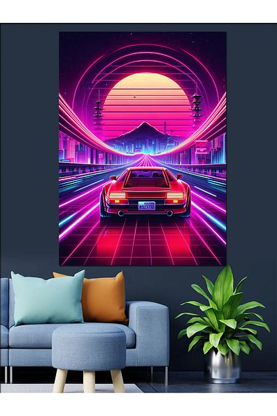Tablomega Canvas Decorativ Neon Night Car - MDF Lemn