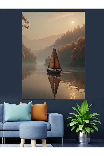 Tablomega Pânză decorativă cu barca cu pânze pe lac - Lemn MDF