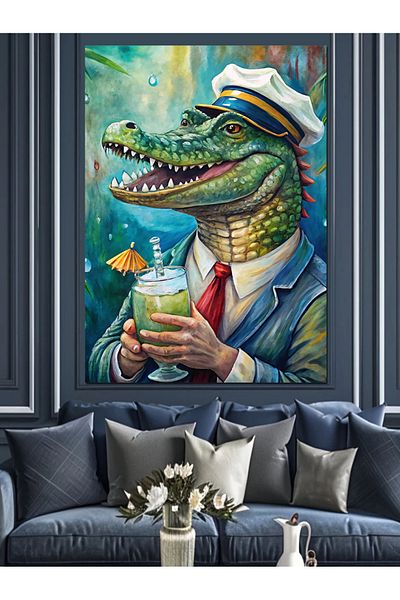 Tablomega Juice Drinking Crocodile Decorative Canvas - Mdf Wooden Painting