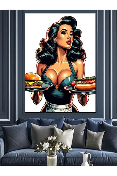 Tablomega Femeie care ține hamburger Pânză decorativă - Lemn MDF
