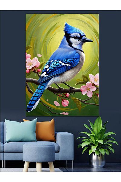 Tablomega Blue Cormorant on a Flower Branch Decorative Canvas - Mdf Wooden Painting