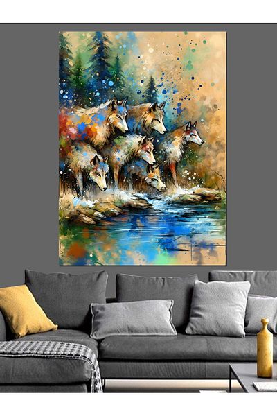 Tablomega Wolves in Water Decorative Canvas - Mdf Wooden Painting