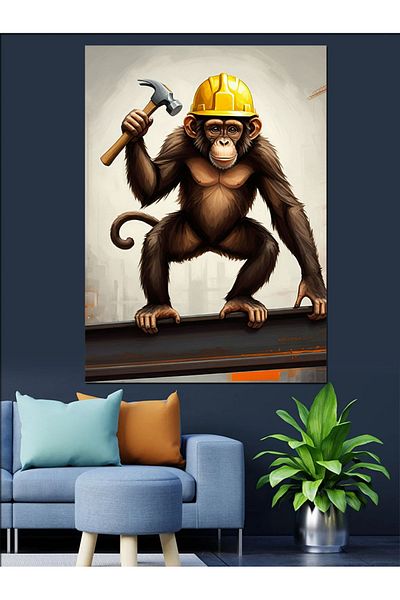 Tablomega Carpenter Monkey Decorative Canvas - Mdf Wooden Table