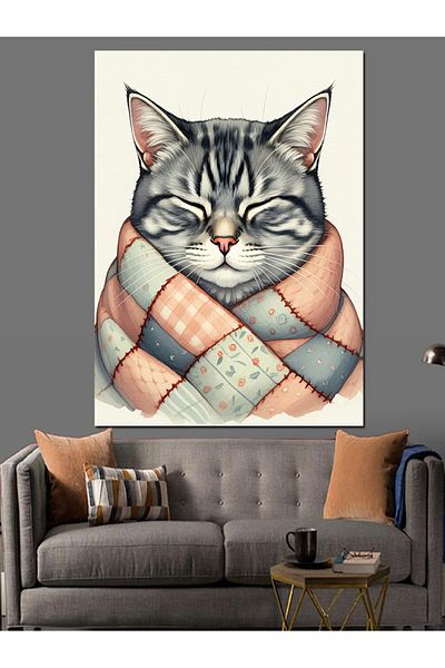 Tablomega Cat Decorative Canvas Wrapped in Blanket - Mdf Wooden Painting
