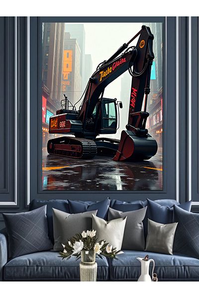Tablomega Excavator on a Rainy Day Decorative Canvas - Mdf Wooden Painting