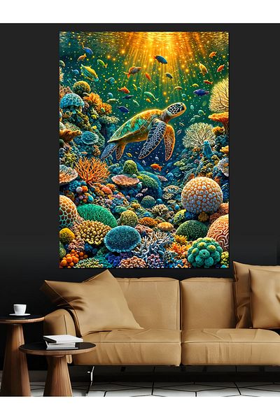 Tablomega Turtle among Corals Decorative Canvas - Mdf Wooden Painting