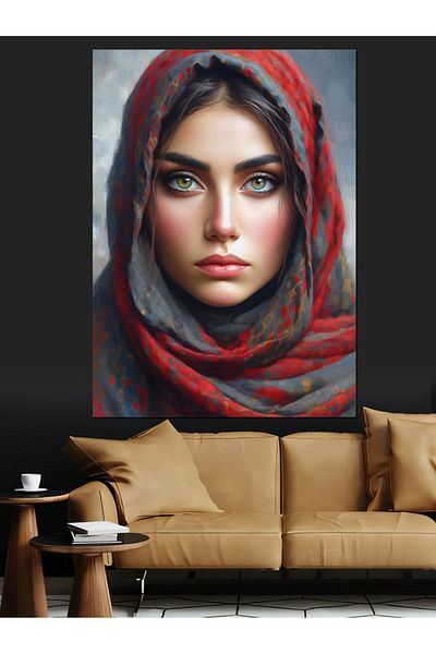 Tablomega Woman in Red Hijab Decorative Canvas - Mdf Wooden Painting