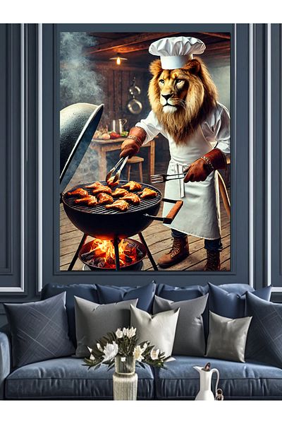 Tablomega Mangalcı Lion Decorative Canvas - Mdf Wooden Table