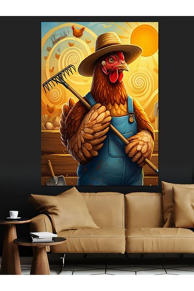 Tablomega Farmer Rooster with Hat Decorative Canvas - Mdf Wooden Painting