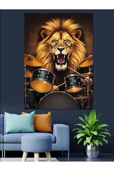 Tablomega Drum Playing Lion Decorative Canvas - Mdf Wooden Painting