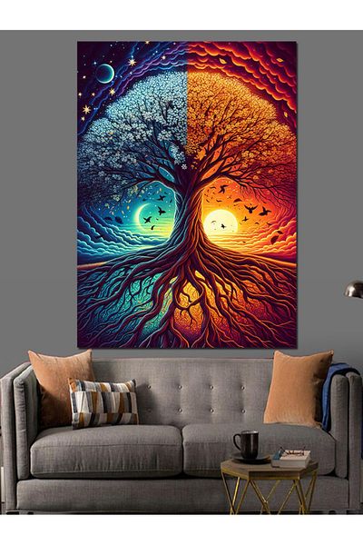 Tablomega Day and Night Tree Decorative Canvas - Mdf Wooden Painting