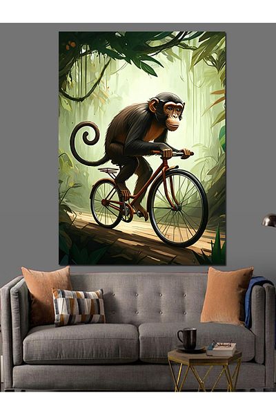 Tablomega Pânză decorativă Maimuță care conduce bicicletă - Lemn MDF