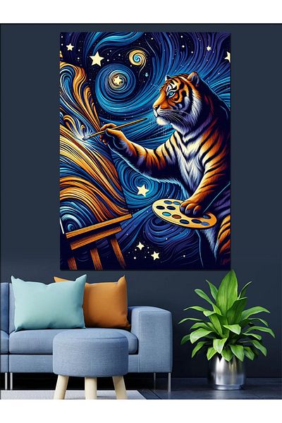 Tablomega Starry Night Tiger Decorative Canvas - Mdf Wooden Painting