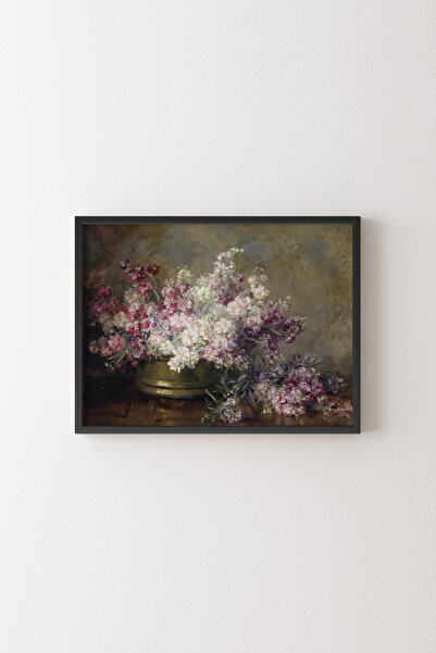epiqart Copper Bowl Full of White and Pink Flowers - Black Frame