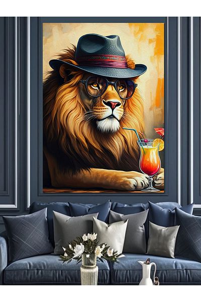 Tablomega Lion with Hat and Drink Decorative Canvas - Mdf Wooden Painting