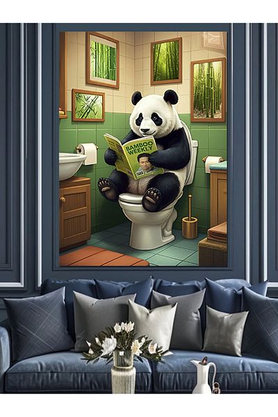 Tablomega Panda citind ziare pe toaletă Pânză decorativă - Lemn MDF