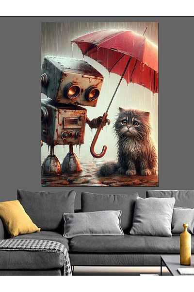 Tablomega Robot and Cat under Umbrella Decorative Canvas - Mdf Wooden Painting
