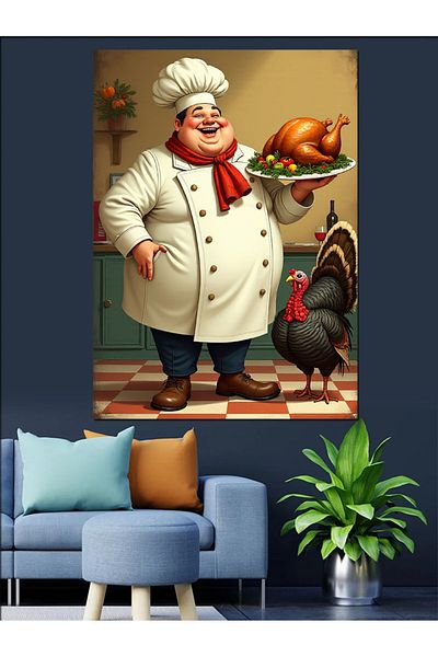 Tablomega Chef and Turkey Decorative Canvas - Mdf Wooden Painting