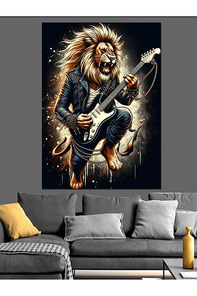 Tablomega Lion Playing Guitar Decorative Canvas - Mdf Wooden Painting