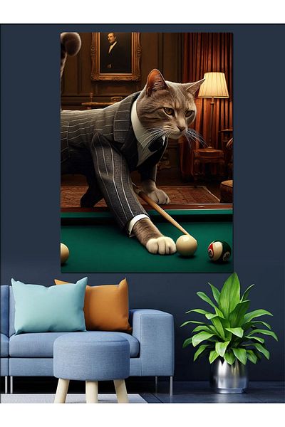 Tablomega Cat Playing Billiards Decorative Canvas - Mdf Wooden Painting