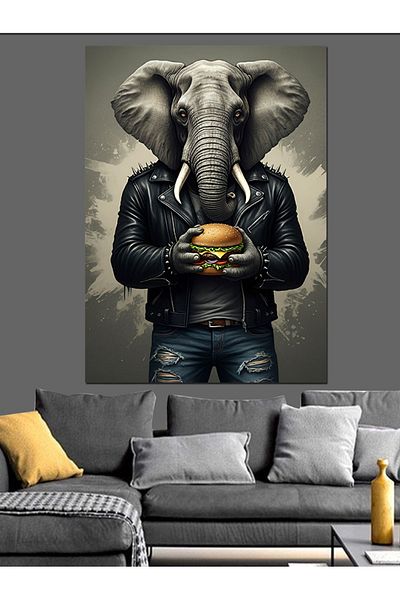 Tablomega Elephant Holding a Hamburger Decorative Canvas - Mdf Wooden Painting