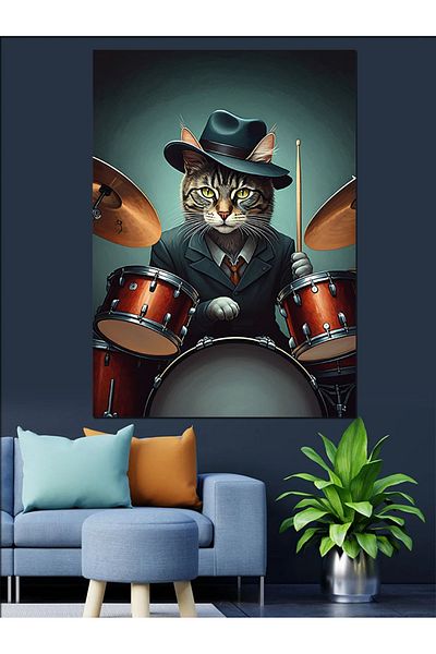 Tablomega Cat Playing Drum Hat Decorative Canvas - Mdf Wooden Painting