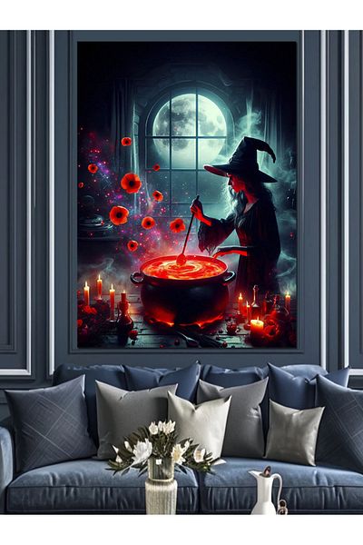 Tablomega Elixir Stirring Witch in the Cauldron Decorative Canvas - Mdf Wooden Table