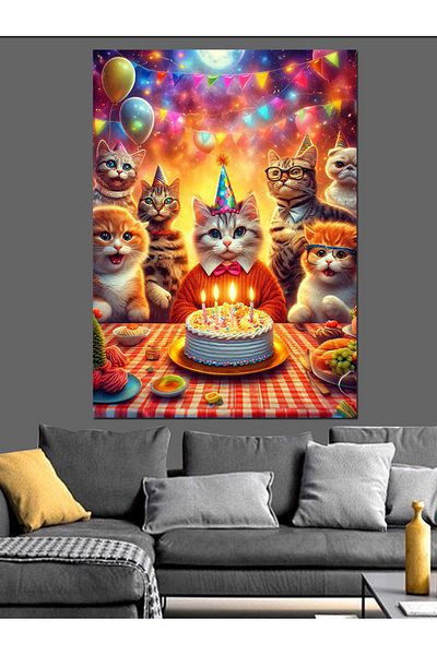 Tablomega Cat Birthday Party Decorative Canvas - Mdf Wooden Painting