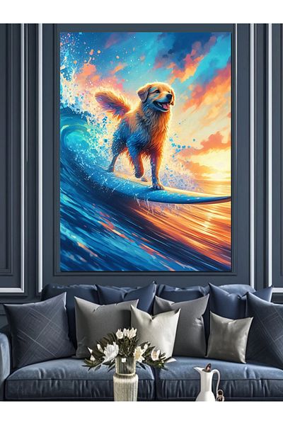 Tablomega Dog Surfing on a Wave Decorative Canvas - Mdf Wooden Painting