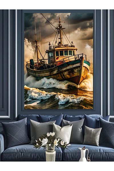 Tablomega Stormy Fishing Boat Decorative Canvas - Mdf Wooden Painting