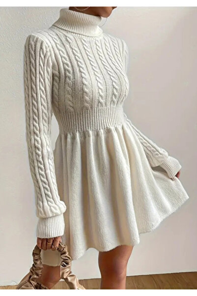 Little Visqon Kadın Uzun Kollu Balıkçı Yaka Belden Yaka Belden Büzgülü Kısa Triko Elbise