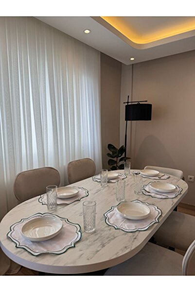 Karam Home 6 Adet Yeşil Nakışlı Keten Amerikan Servis