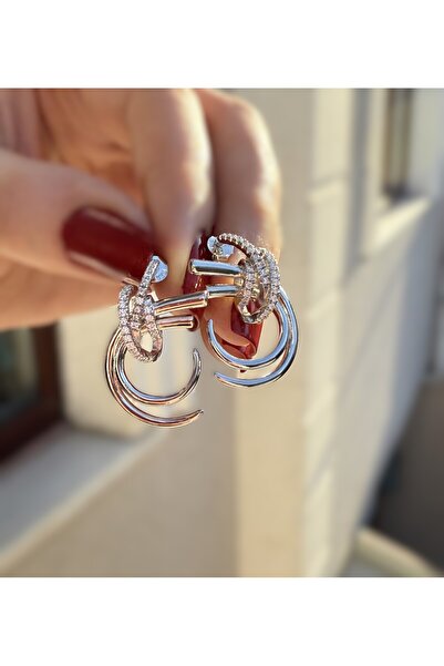 zeyyn silver 925 AYAR GÜMÜŞ MODERN ÇİFT HALKA TAŞLI DÜĞÜM KÜPE