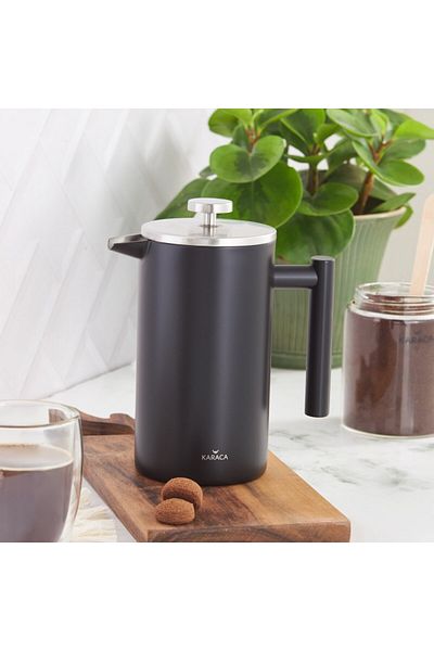 Karaca Stainless Steel Double Wall French Press, 1000ML, Matte Black Silver