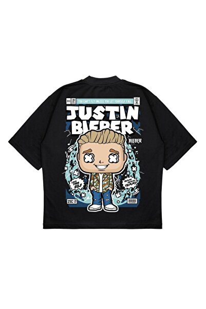 PURE EFFECT تي شيرت جاستن بيبر كبير الحجم للجنسين بطبعة خلفية من القماش السميك