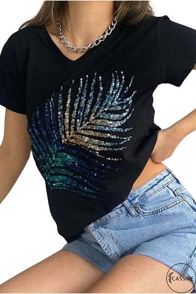 Cassime Tricou negru cu decolteu în V, 100% bumbac, brodat cu paiete, frunze, S-m-l