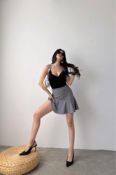 SYMPATHY Kadın Gri Fırfırlı Beli Korsajlı Full Likralı Esnek Yazlık Şort Etek