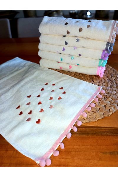 yörük tuhafiye 6 Pieces Heart Embroidered Velvet Towel Set with Pompom Kitchen Towels 30X50 cm
