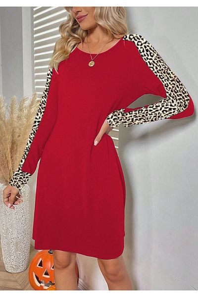 Little Visqon Rochie mini-lungime pentru femei, cu mâneci lungi, cu decolteu, cu mâneci leopard