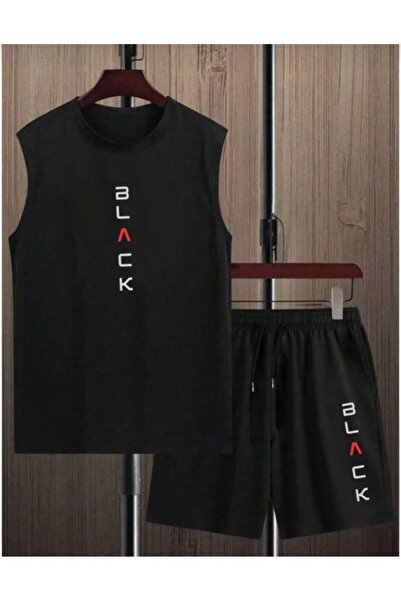 TREND ALİSSE 2 Li Takım Şort Ve Atlet- Ikili Siyah Ve Black Baskılı Yazlık Rahat Cepli Spor Şort