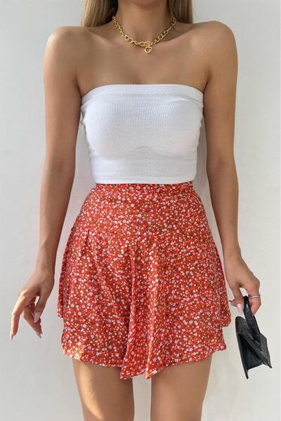 SYMPATHY Kadın Turuncu Çiçek Desenli Viskon Beli Lastikli Mini Yazlık Şort Etek