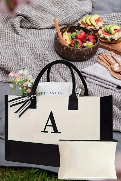 woys Τυπωμένο το αρχικό σας όνομα Πανί τσάντα παραλίας από καμβά - Δώρο τσάντα μακιγιάζ