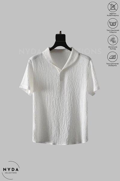 Nyda Collections Bürümcük Suit Lycra Crinkle Fabric Summer Women's Men's Short Sleeve T-Shirt White Tracksuit Suit
