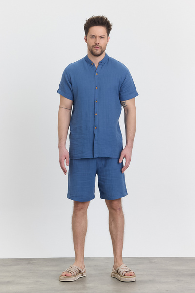 TCT TEKSTİL Men's Shirt - Muslin Halim Collar Short Sleeve Shirt - 4080