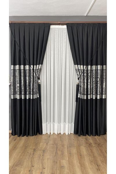 GLOMAR Modern Luxury Black Gray Patterned Panel Background Curtain 1/3 Dense Pleat Jacquard