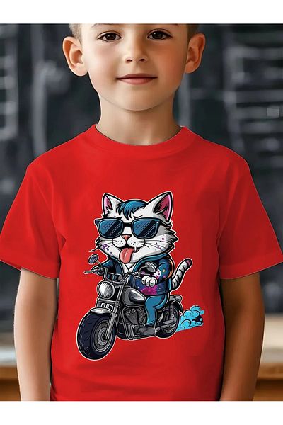 vinraus Girl\Boy Red Motor Cat Printed Combed Cotton T-Shirt